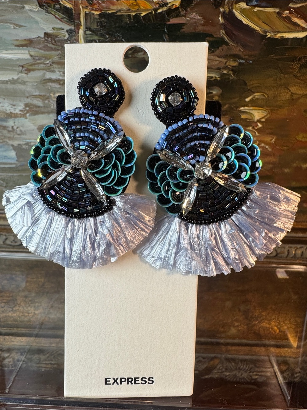 0461-Express Beaded Fan Tassel Earrings - Black, Teal & Silver